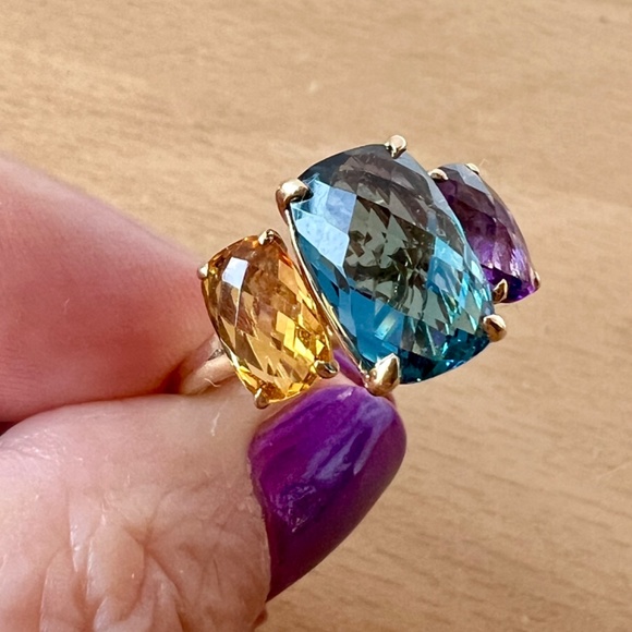 EFFY 14K GOLD MOSAIC LONDON BLUE TOPAZ CITRINE AMETHYST MULTI GEMSTONE RING - Picture 4 of 16